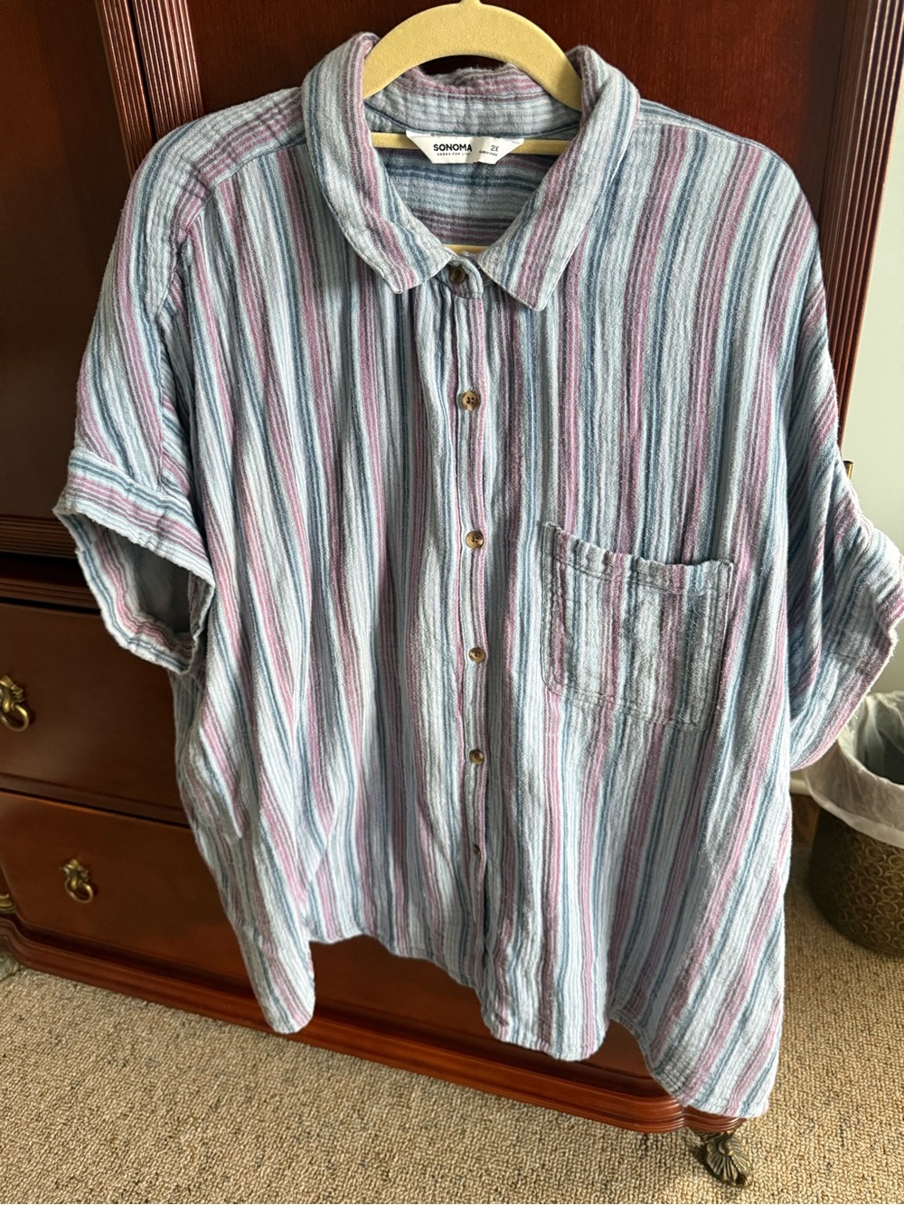 Sonoma Striped Short-Sleeve Button-Down Shirt in Light Blue & Pink